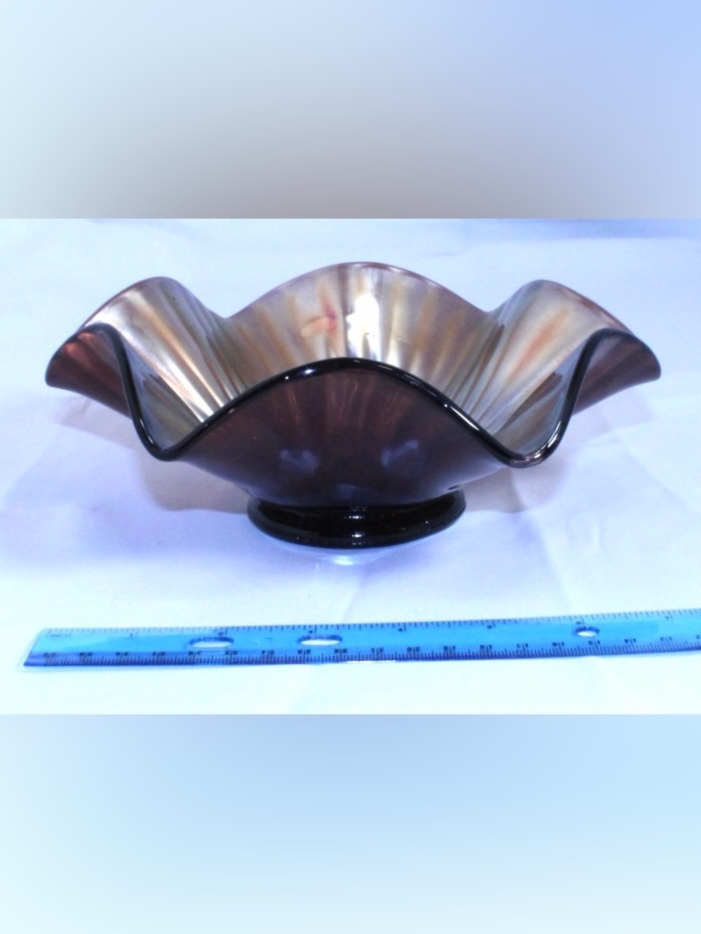 Antique FENTON Black Amethyst Stippled Rays Carnival Glass Ruffled Bowl